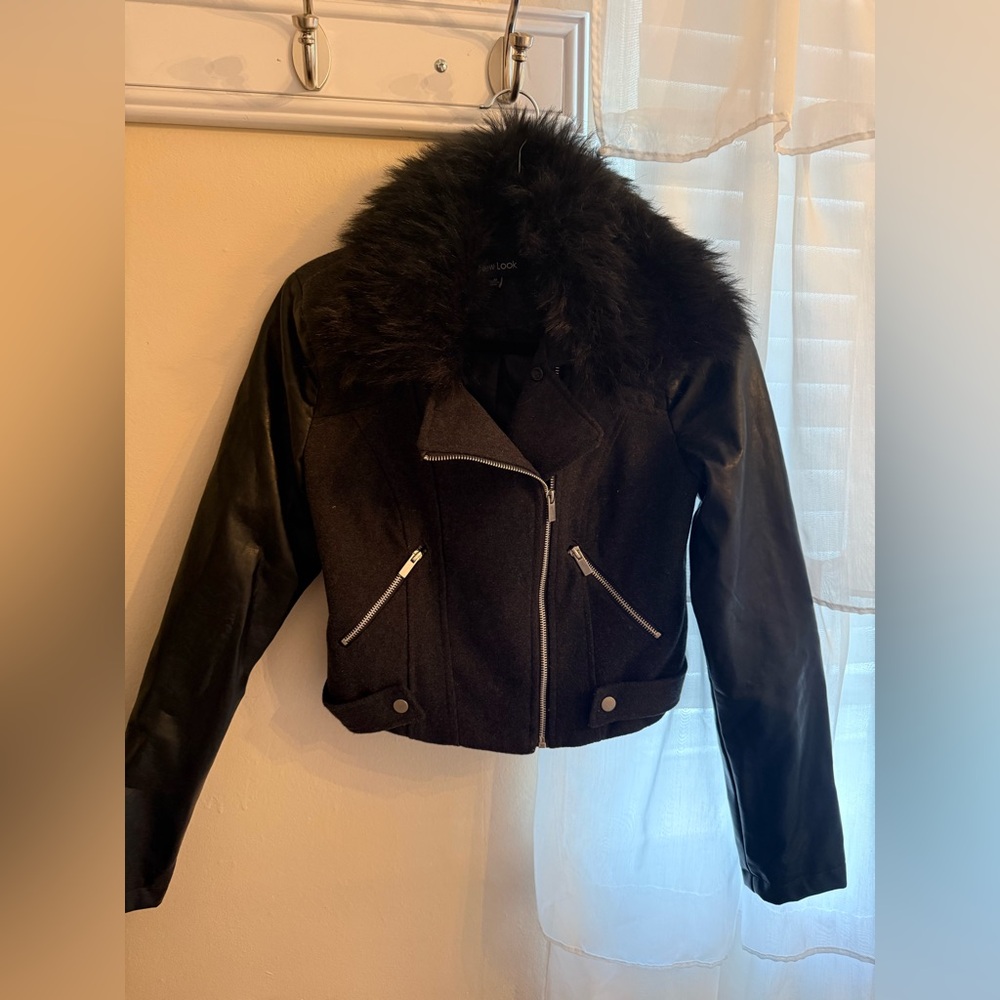 New Look Black Leather Jacket with Faux Fur Collar